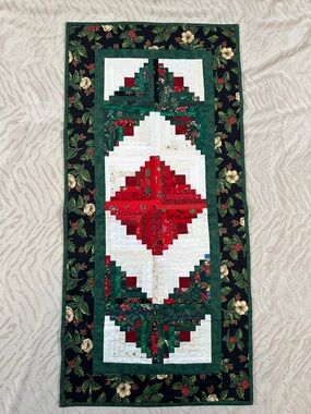 Festive Red and Green Quilted Table Runner - Holiday Floral Design 36x17